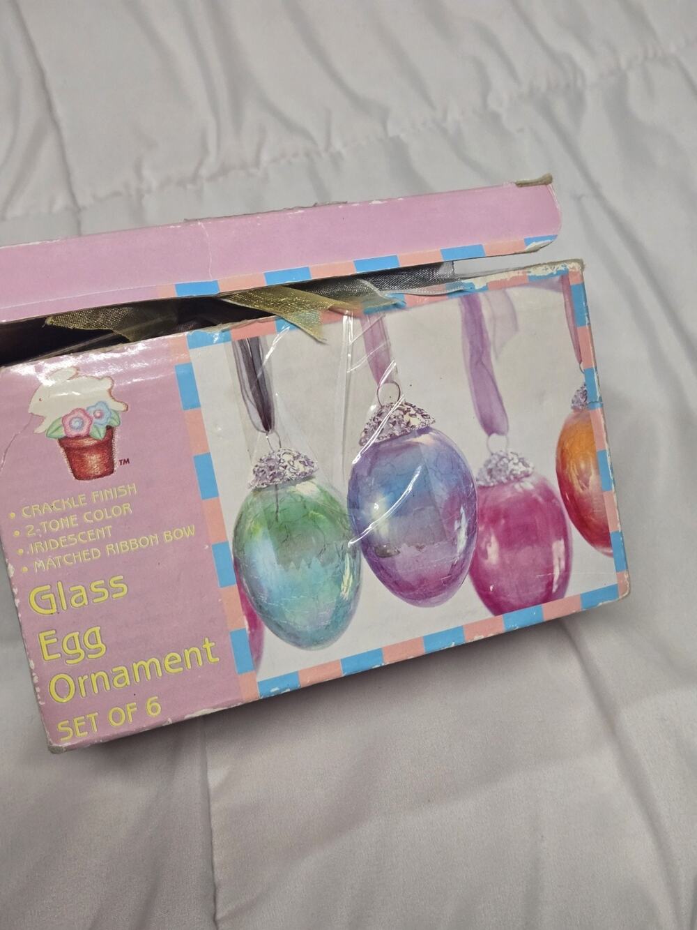 Vtg Lot Of 6 Russ Crackle Glass Easter Egg Ornaments Ribbon Iridescent Christmas